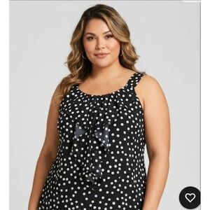 Signature by Larry Levine Black White Polka Dot Ruffle Tank Top A7 Plus Size
